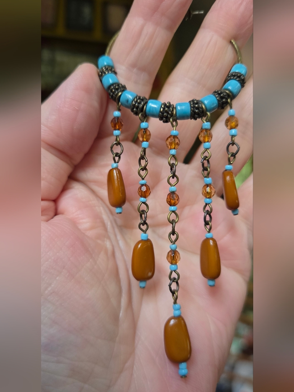 Boho Turquoise & Amber Vintage Beaded Hoop Earrings - Picture 6 of 6